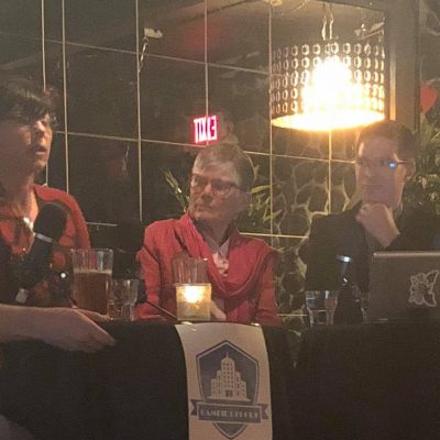 Andrea Reimer and Ellen Woodsworth at the June 2018 Cambie Report live show